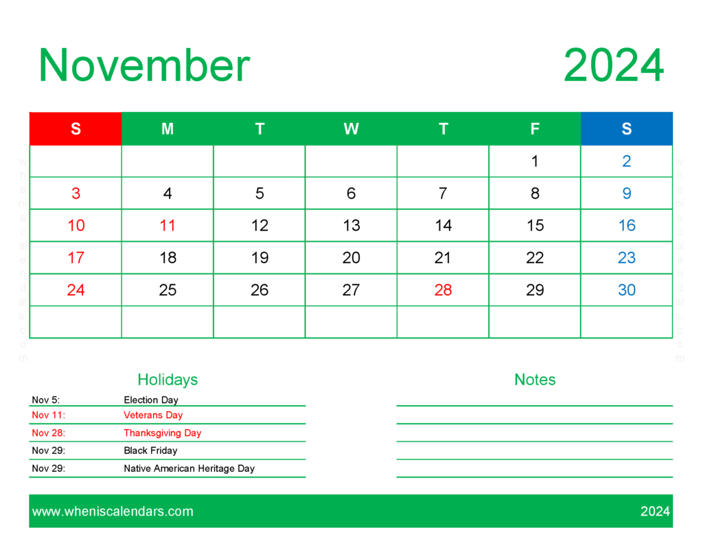 Download November 2024 Calendar to print Free Letter Horizontal 114169