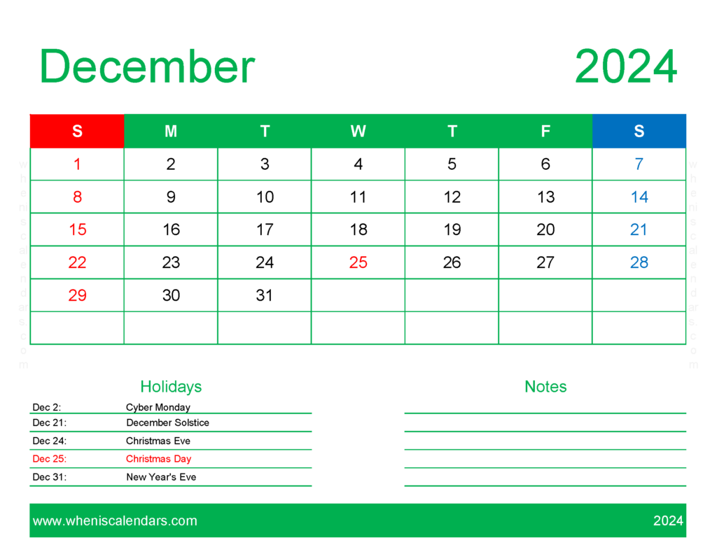 Download December 2024 Calendar to print Free Letter Horizontal 124169