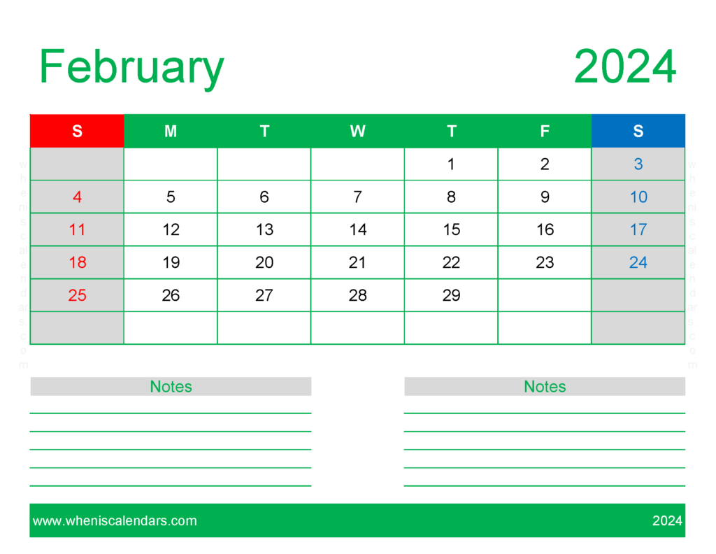 Download print Free Calendar February 2024 Letter Horizontal 24250