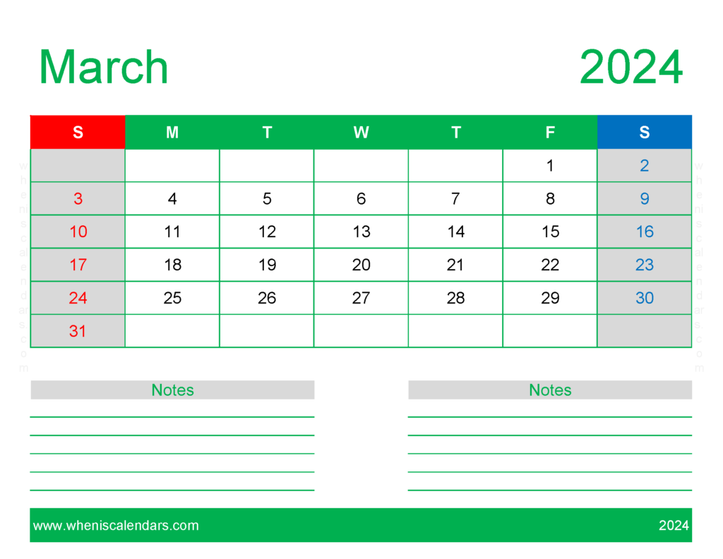 Download print Free Calendar March 2024 Letter Horizontal 34250