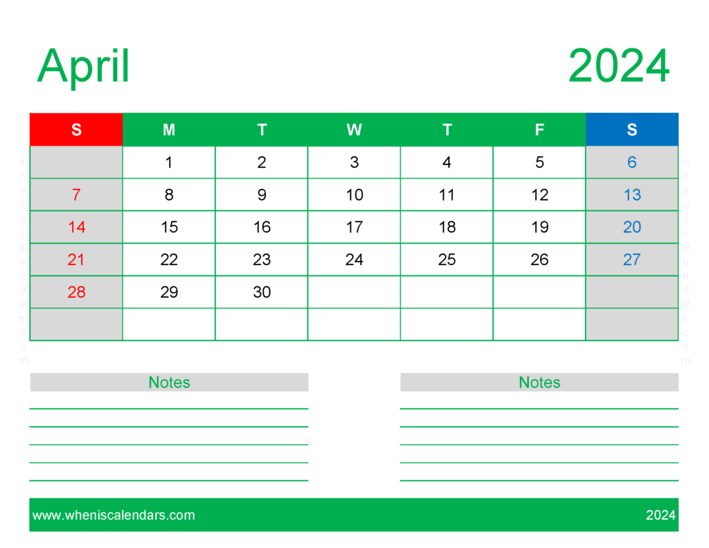 Download print Free Calendar April 2024 Letter Horizontal 44250
