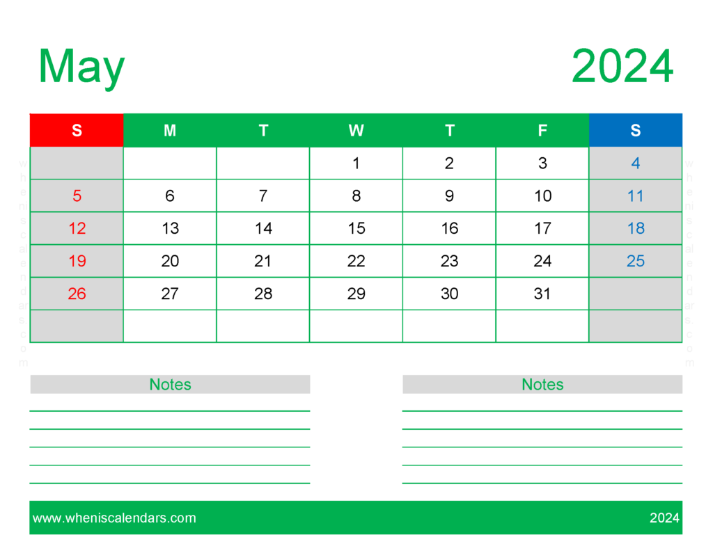 Download print Free Calendar May 2024 Letter Horizontal 54250