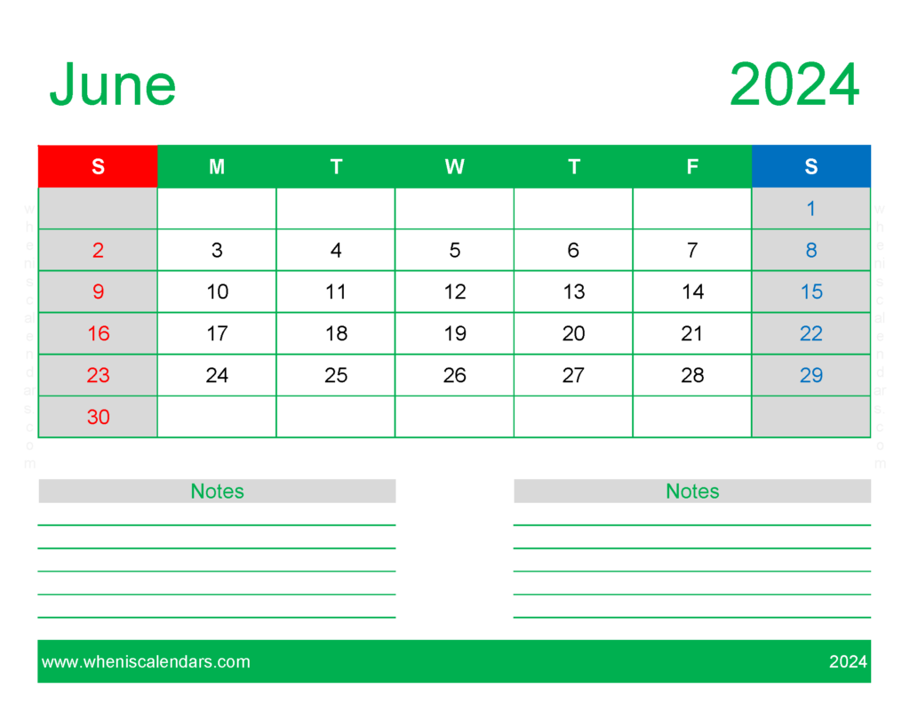 Download print Free Calendar June 2024 Letter Horizontal 64250