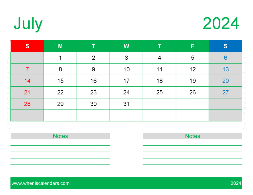 Download print Free Calendar July 2024 Letter Horizontal 74250