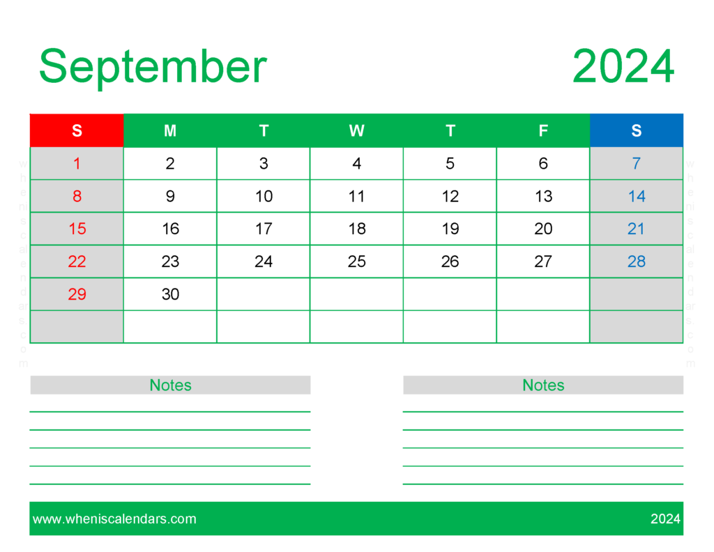 Download print Free Calendar September 2024 Letter Horizontal 94250