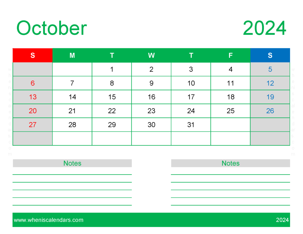 Download print Free Calendar October 2024 Letter Horizontal 104250