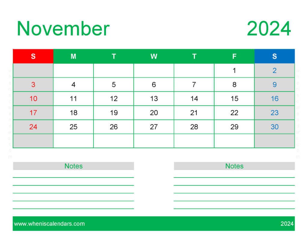 Download print Free Calendar November 2024 Letter Horizontal 114250