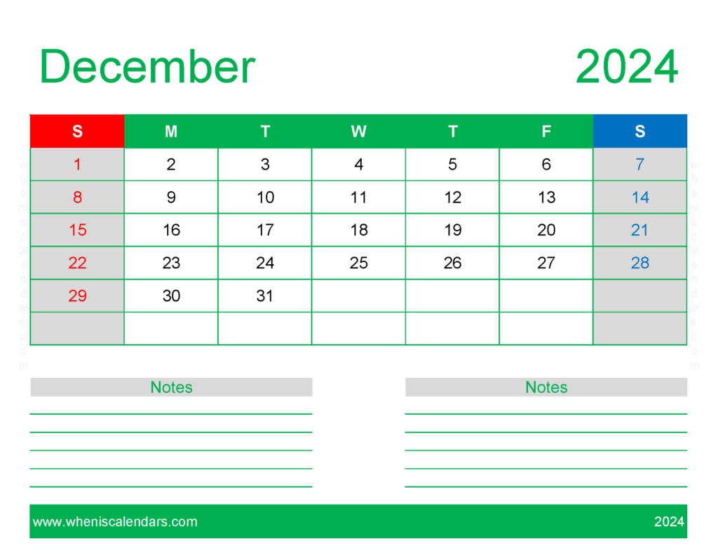 Download print Free Calendar December 2024 Letter Horizontal 124250