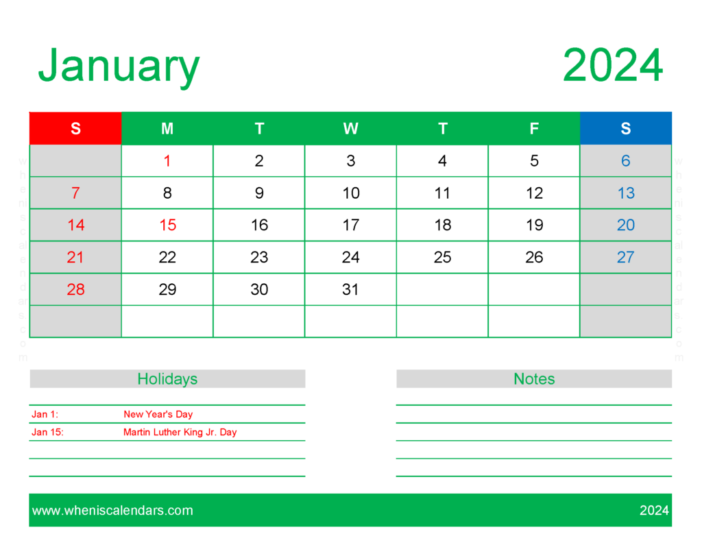Download Blank Calendar pages January 2024 Letter Horizontal J4170