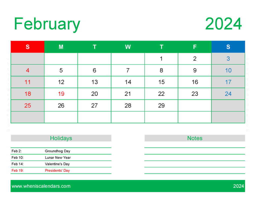 Download Blank Calendar pages February 2024 Letter Horizontal 24170