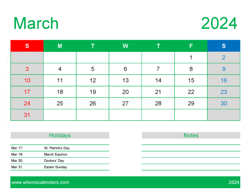 Download Blank Calendar pages March 2024 Letter Horizontal 34170