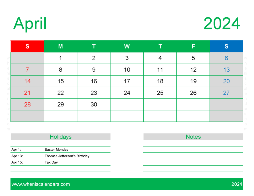 Download Blank Calendar pages April 2024 Letter Horizontal 44170