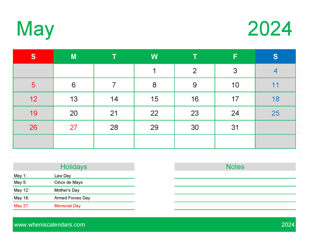 Download Blank Calendar pages May 2024 Letter Horizontal 54170