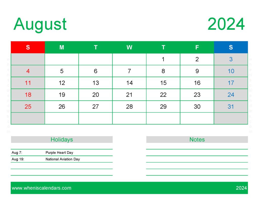 Download Blank Calendar pages August 2024 Letter Horizontal 84170