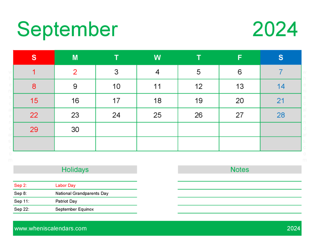 Download Blank Calendar pages September 2024 Letter Horizontal 94170