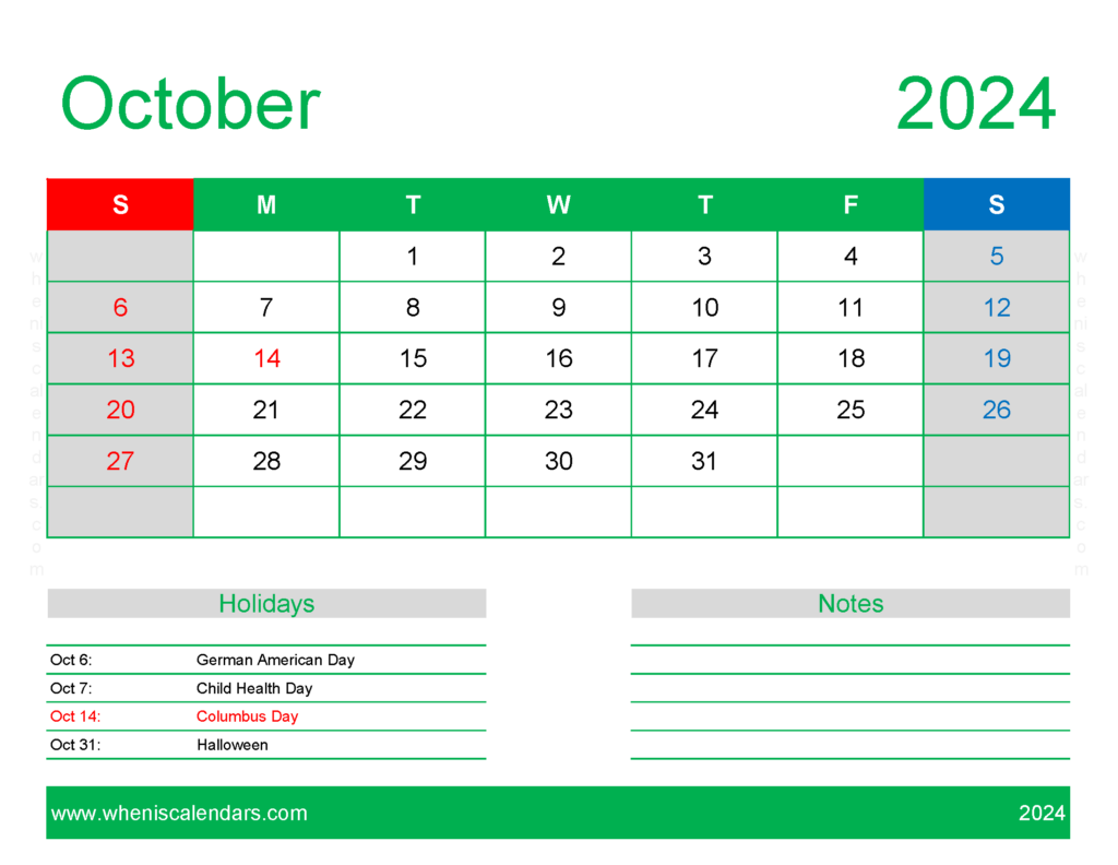 Download Blank Calendar pages October 2024 Letter Horizontal 104170