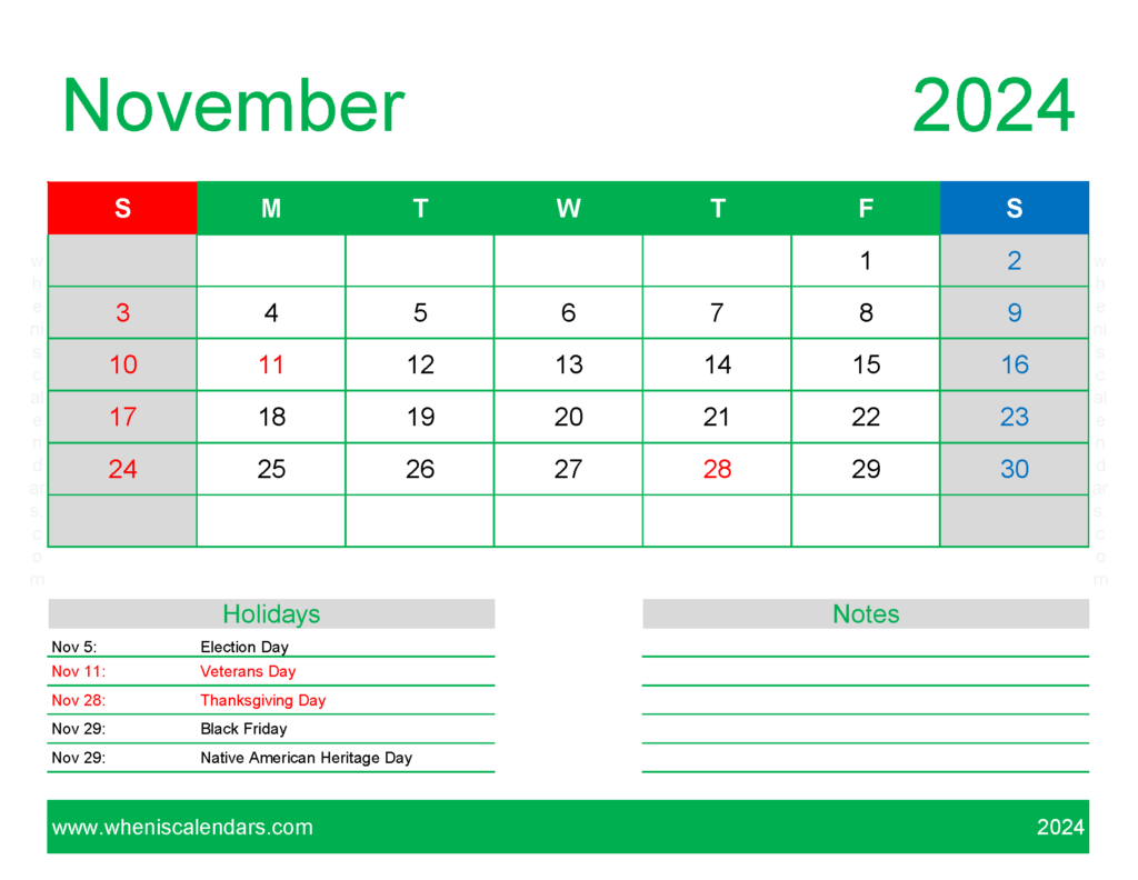 Download Blank Calendar pages November 2024 Letter Horizontal 114170