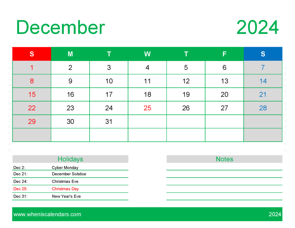 Download Blank Calendar pages December 2024 Letter Horizontal 124170