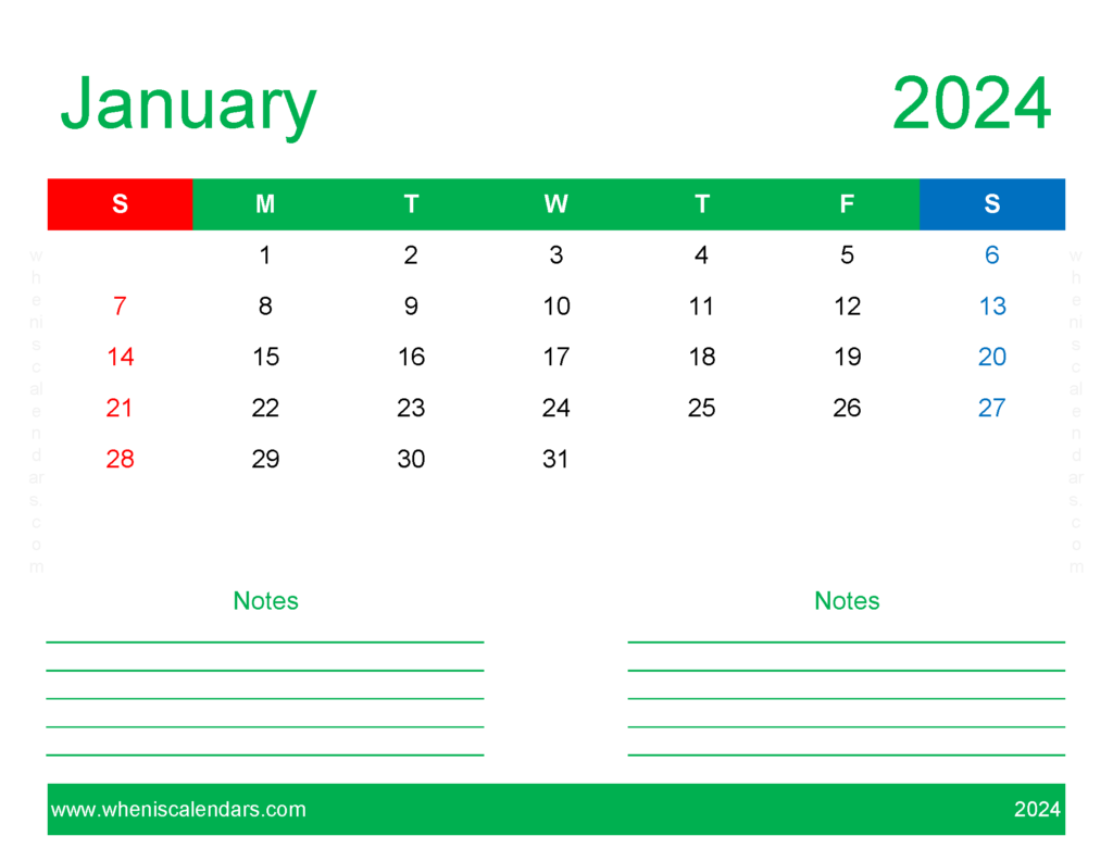 Download January empty Calendar 2024 Letter Horizontal J4251