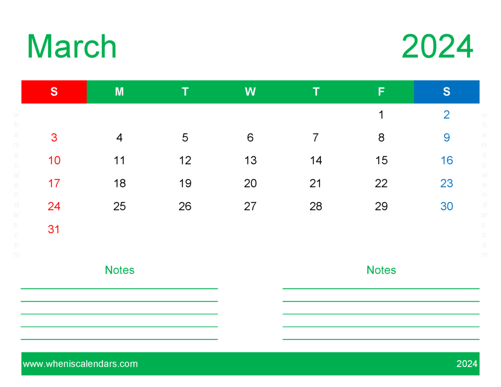 Download March empty Calendar 2024 Letter Horizontal 34251