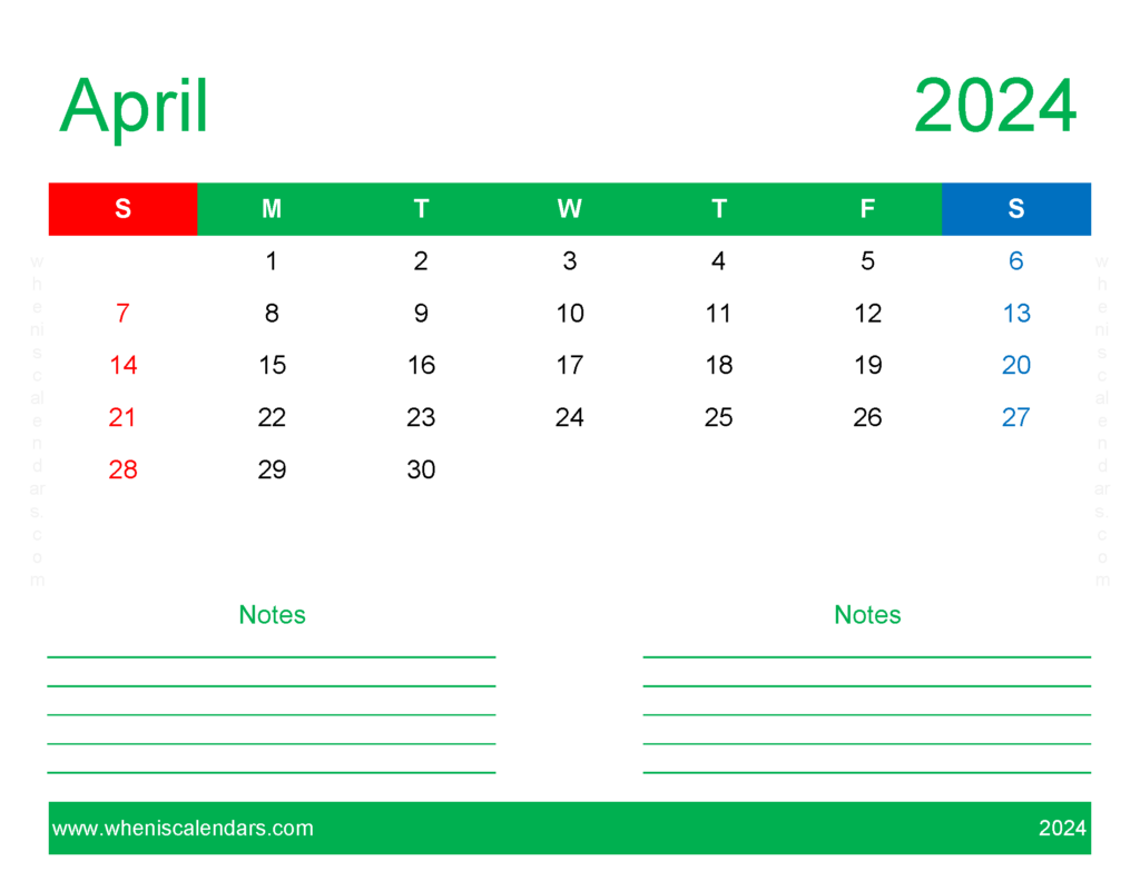 Download April empty Calendar 2024 Letter Horizontal 44251