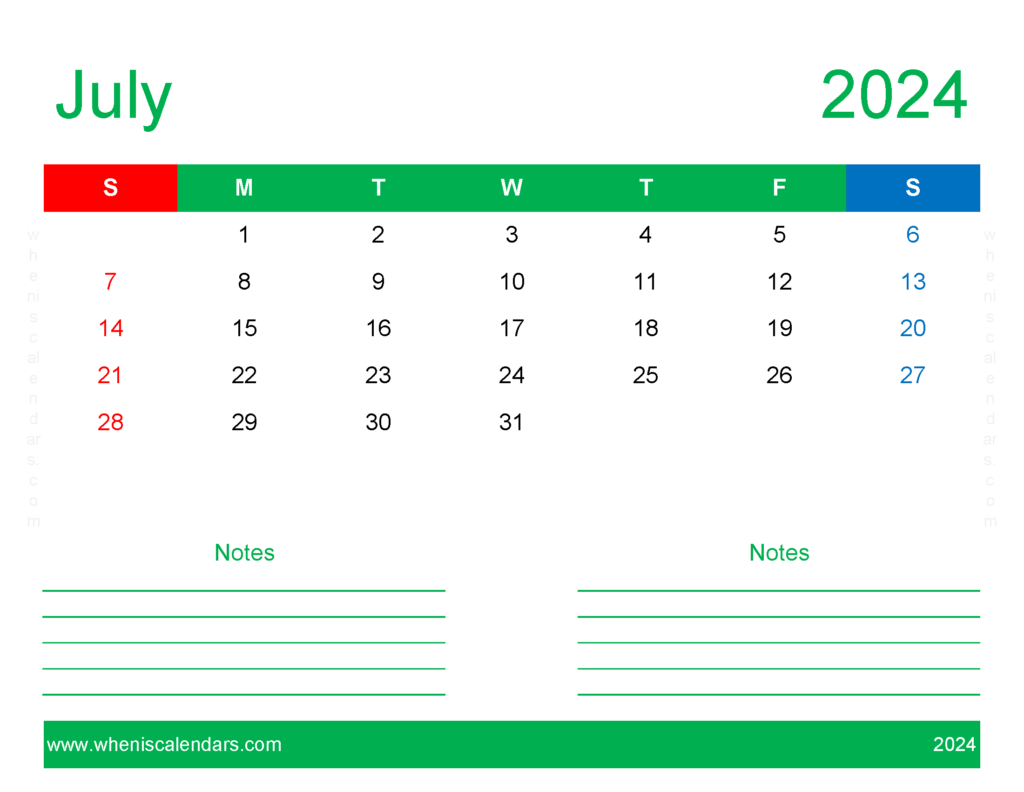Download July empty Calendar 2024 Letter Horizontal 74251