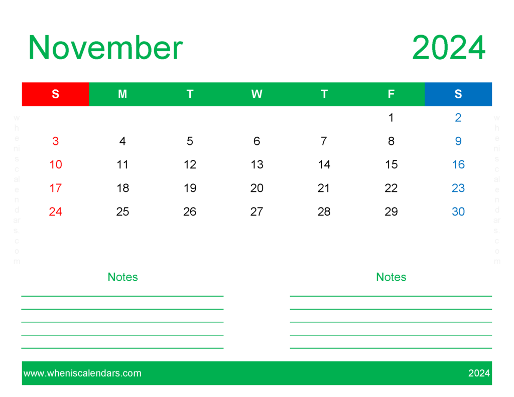 Download November empty Calendar 2024 Letter Horizontal 114251