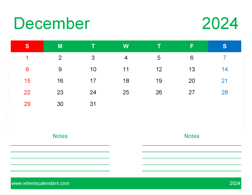 Download December empty Calendar 2024 Letter Horizontal 124251