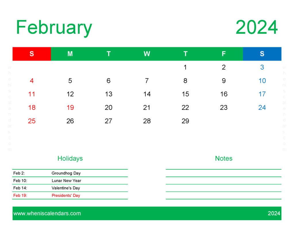 Download Free Printable February 2024 Calendar pdf Letter Horizontal 24171