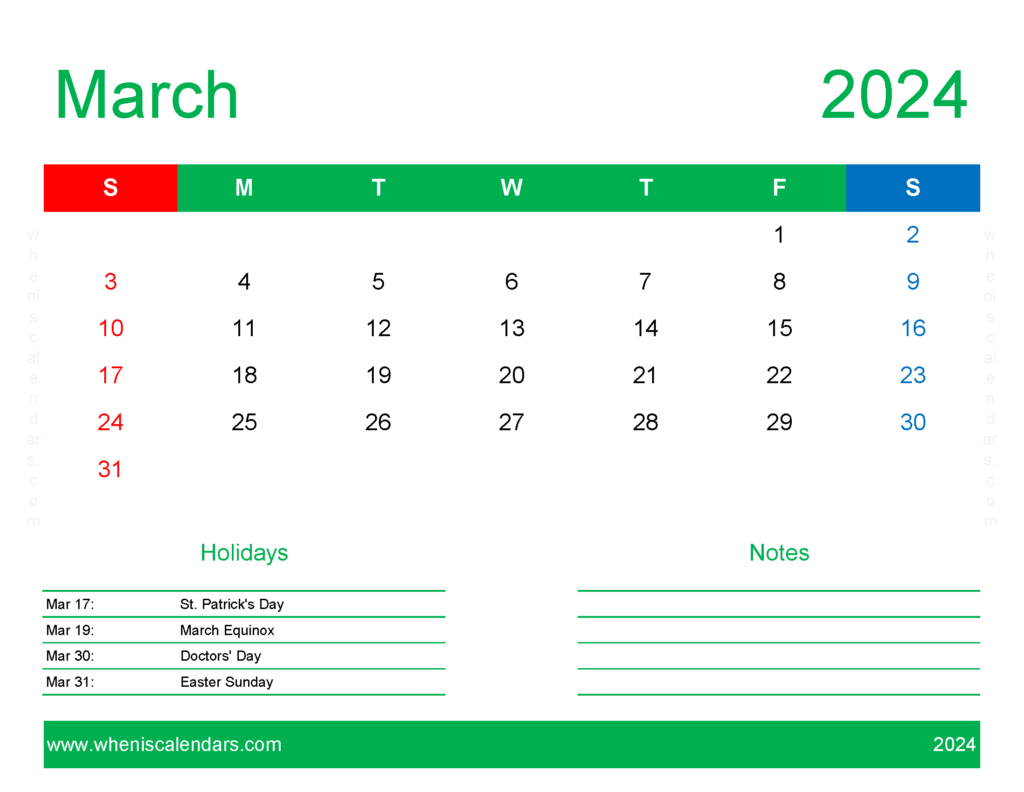 Download Free Printable March 2024 Calendar pdf Letter Horizontal 34171