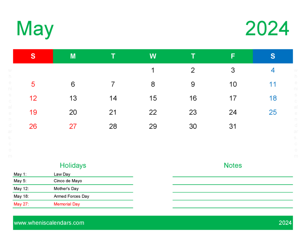 Download Free Printable May 2024 Calendar pdf Letter Horizontal 54171