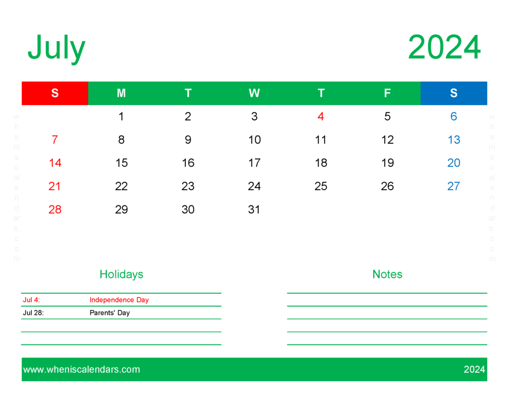 Download Free Printable July 2024 Calendar pdf Letter Horizontal 74171