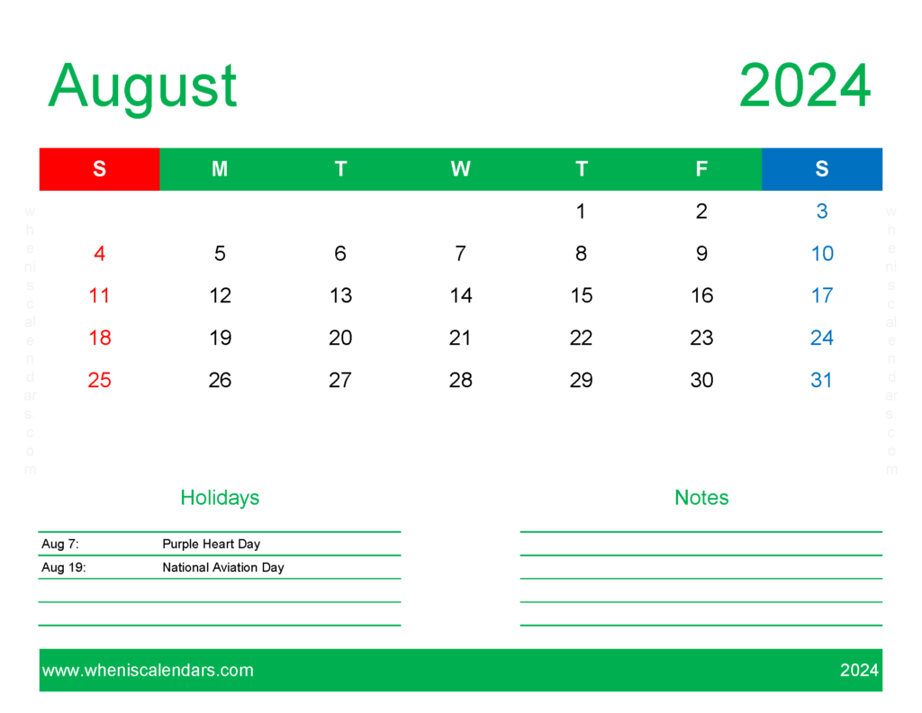 Download Free Printable August 2024 Calendar pdf Letter Horizontal 84171