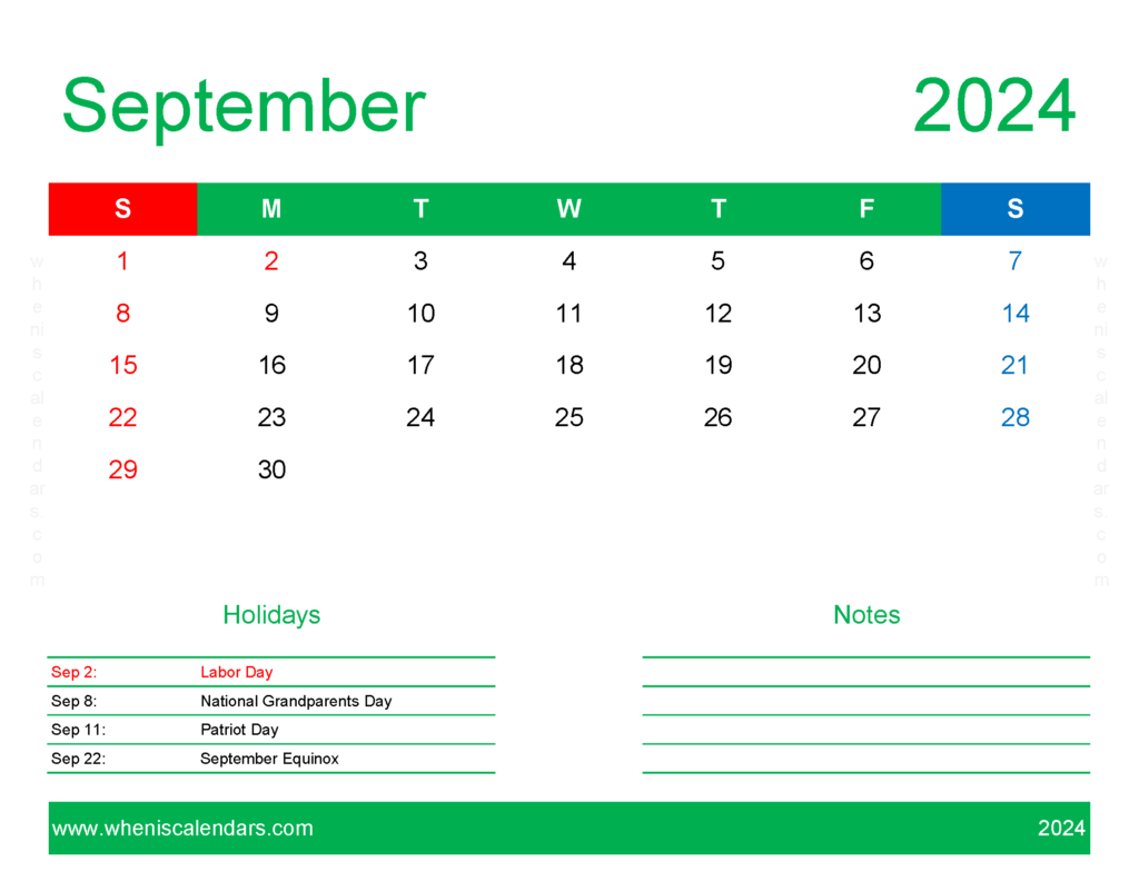 Download Free Printable September 2024 Calendar pdf Letter Horizontal 94171