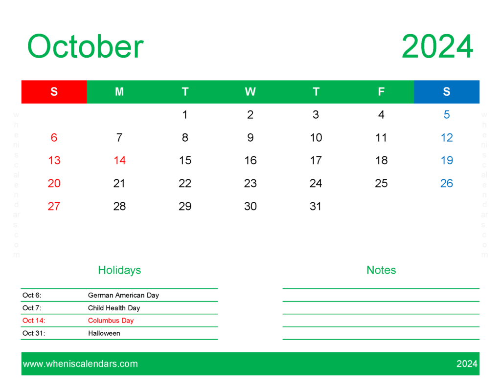 Download Free Printable October 2024 Calendar pdf Letter Horizontal 104171