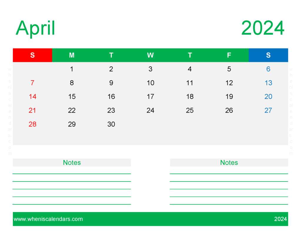 Download Free Printable Calendar April 2024 Letter Horizontal 44252