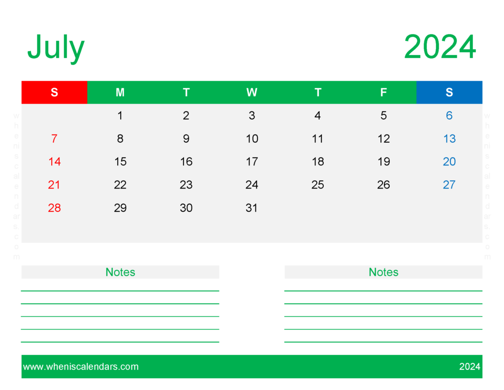 Download Free Printable Calendar July 2024 Letter Horizontal 74252