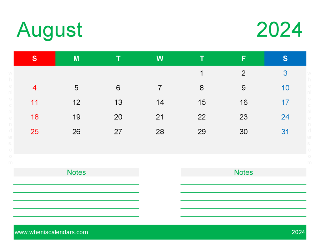 Download Free Printable Calendar August 2024 Letter Horizontal 84252