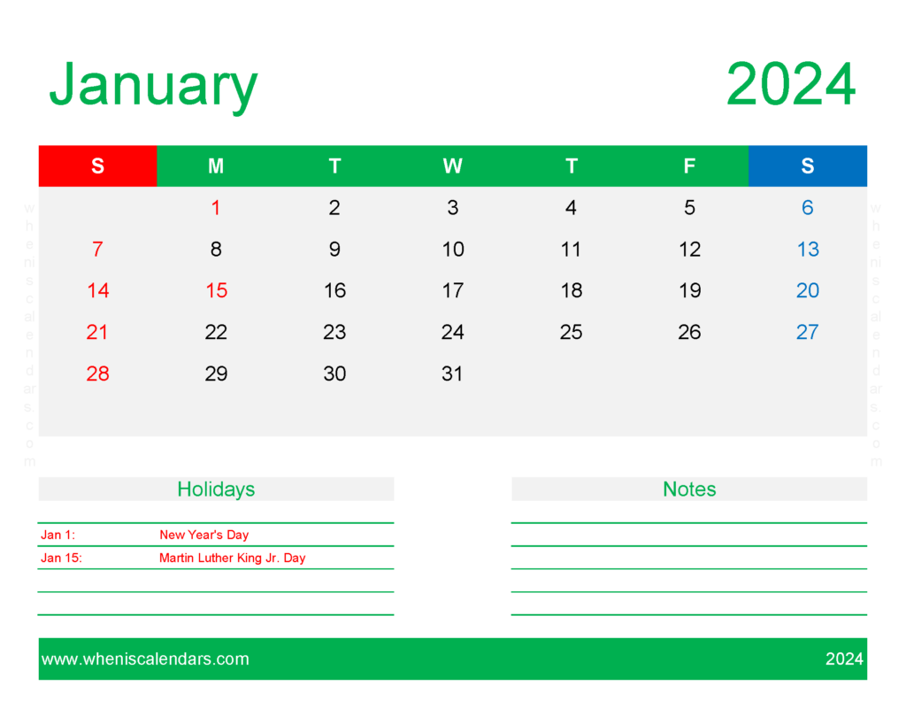 Download Free Printable Calendar Templates January 2024 Letter Horizontal J4172