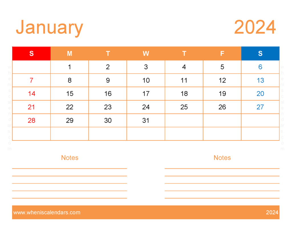 Download Blank January 2024 Calendar to print Letter Horizontal J4253