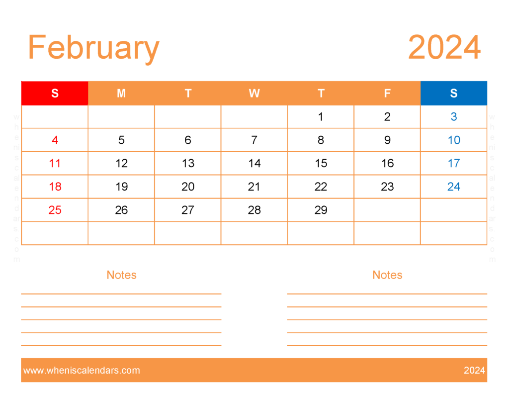 Download Blank February 2024 Calendar to print Letter Horizontal 24253
