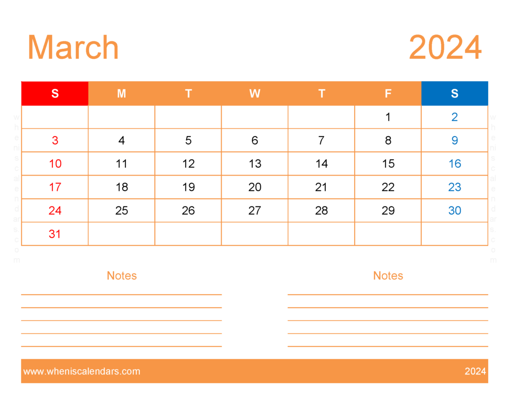 Download Blank March 2024 Calendar to print Letter Horizontal 34253