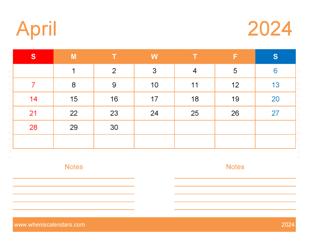 Download Blank April 2024 Calendar to print Letter Horizontal 44253