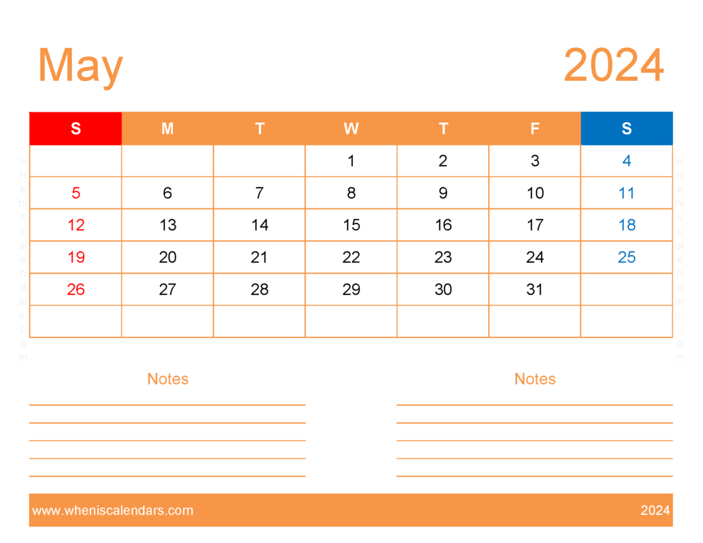 Download Blank May 2024 Calendar to print Letter Horizontal 54253