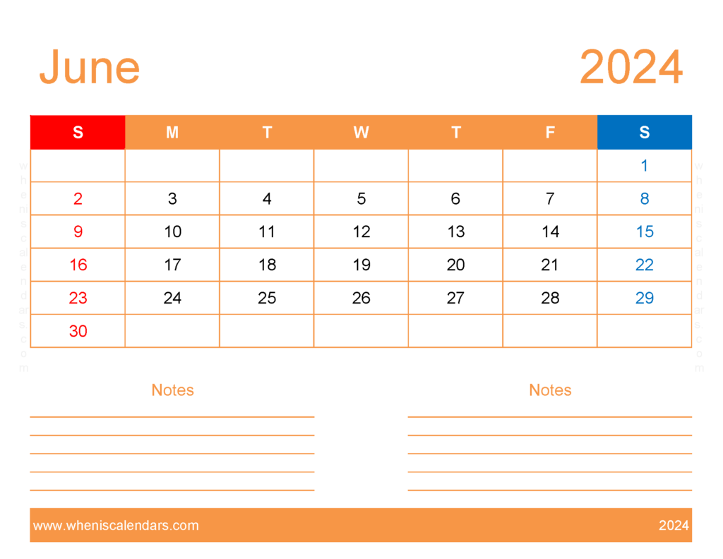 Download Blank June 2024 Calendar to print Letter Horizontal 64253
