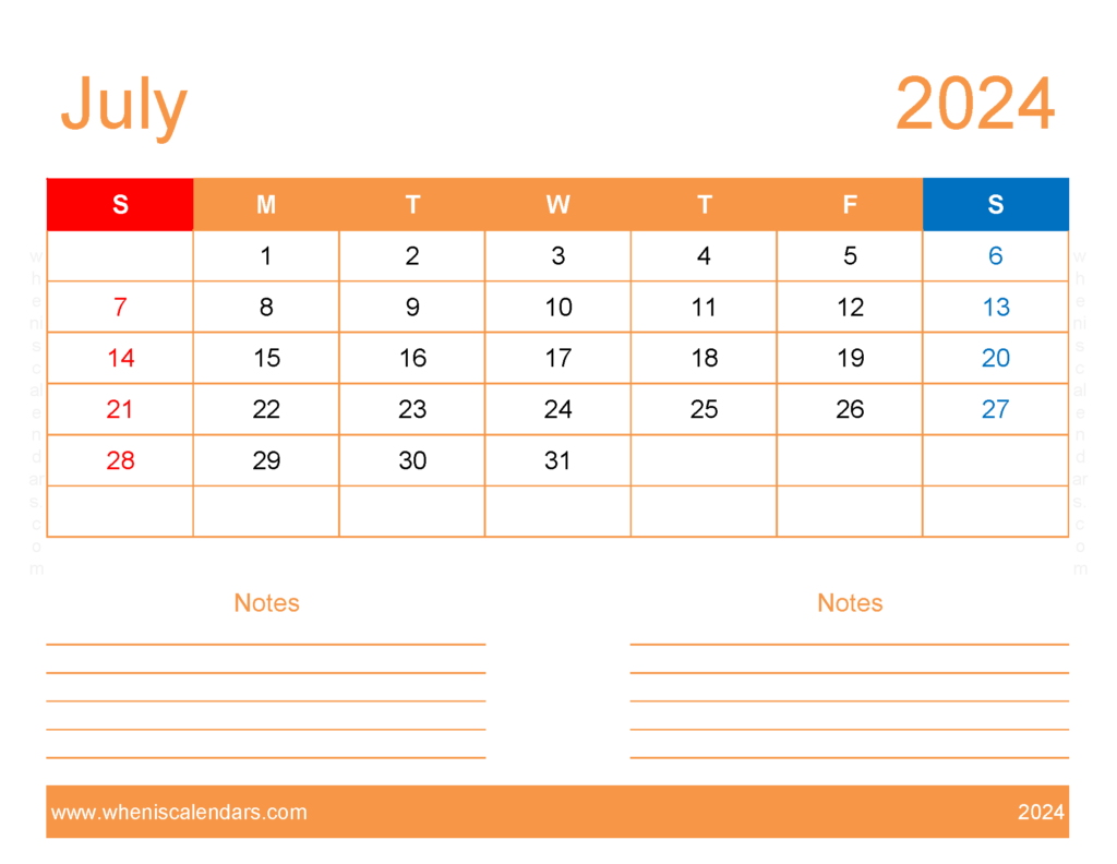 Download Blank July 2024 Calendar to print Letter Horizontal 74253