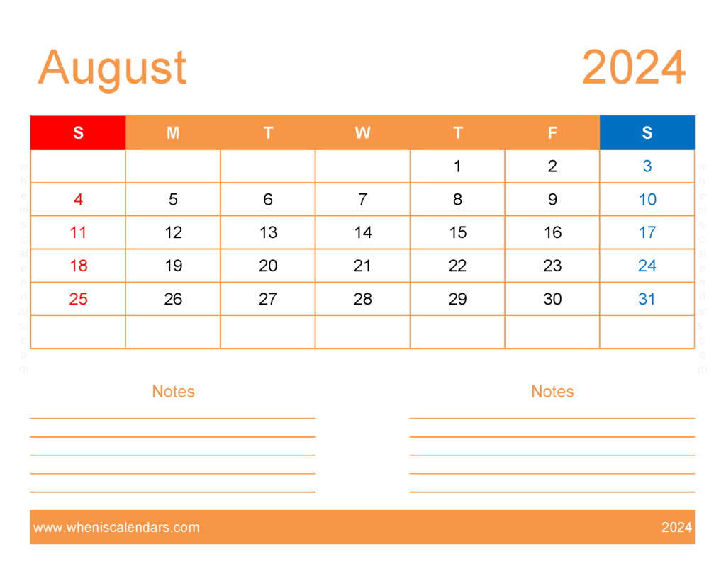 Download Blank August 2024 Calendar to print Letter Horizontal 84253