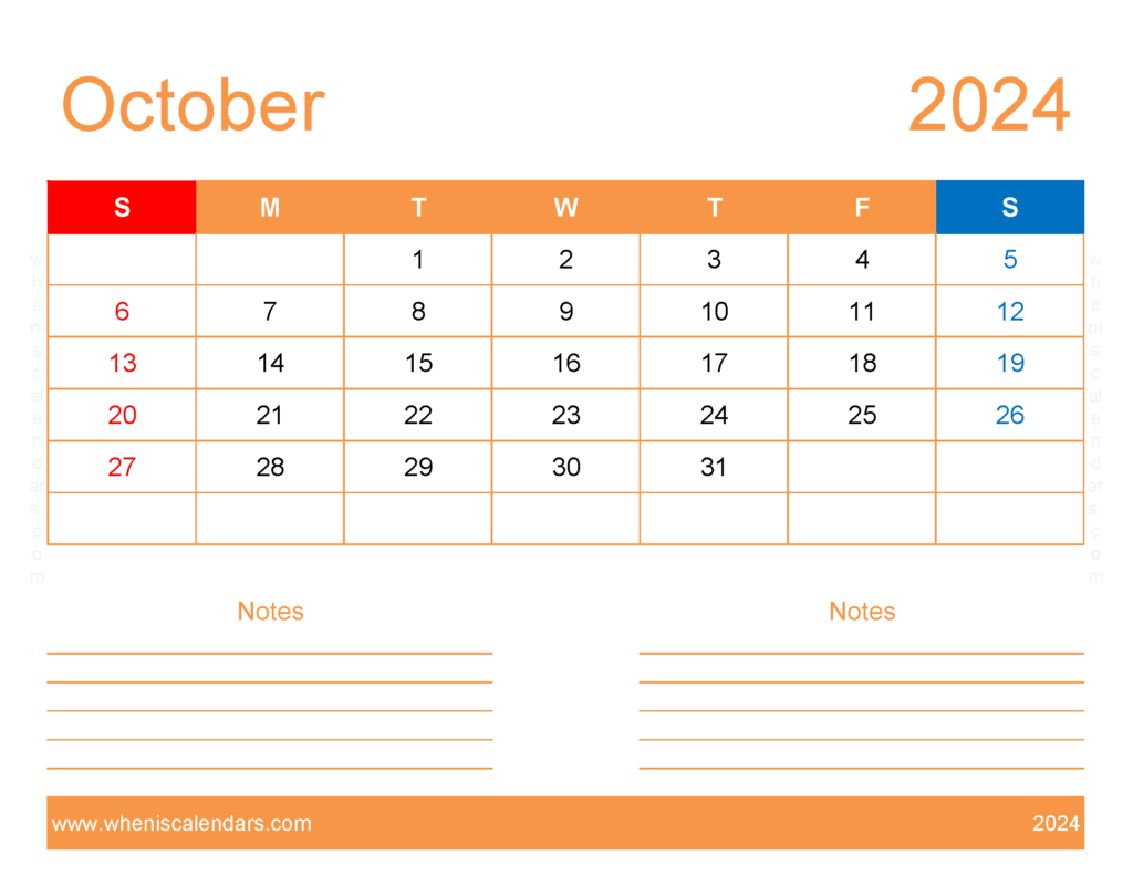 Download Blank October 2024 Calendar to print Letter Horizontal 104253