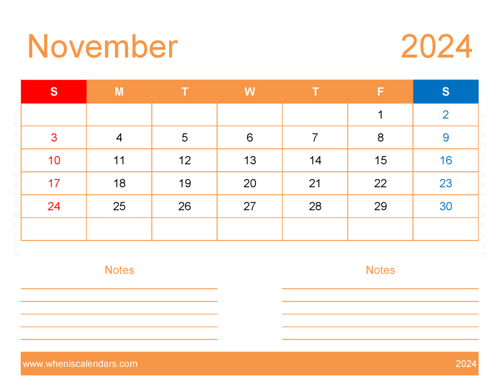 Download Blank November 2024 Calendar to print Letter Horizontal 114253