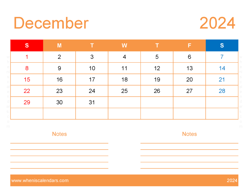 Download Blank December 2024 Calendar to print Letter Horizontal 124253